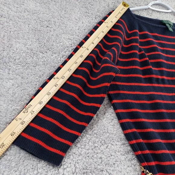 Ralph Lauren Sweater Womens 2X Navy Blue Red Striped Knit Boat Neck Gold Belt - Picture 7 of 10